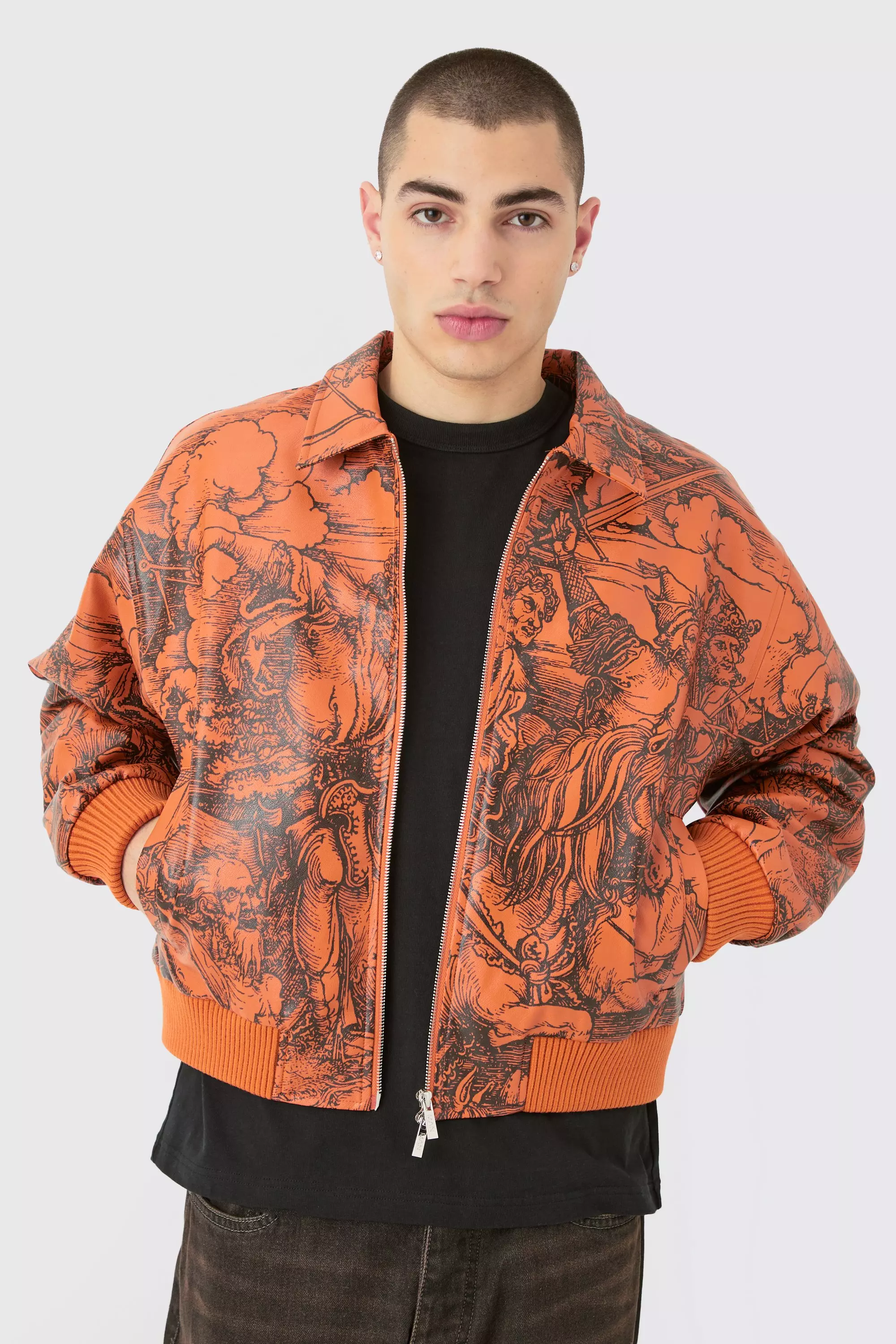 Boxy Printed Pu Collared Bomber